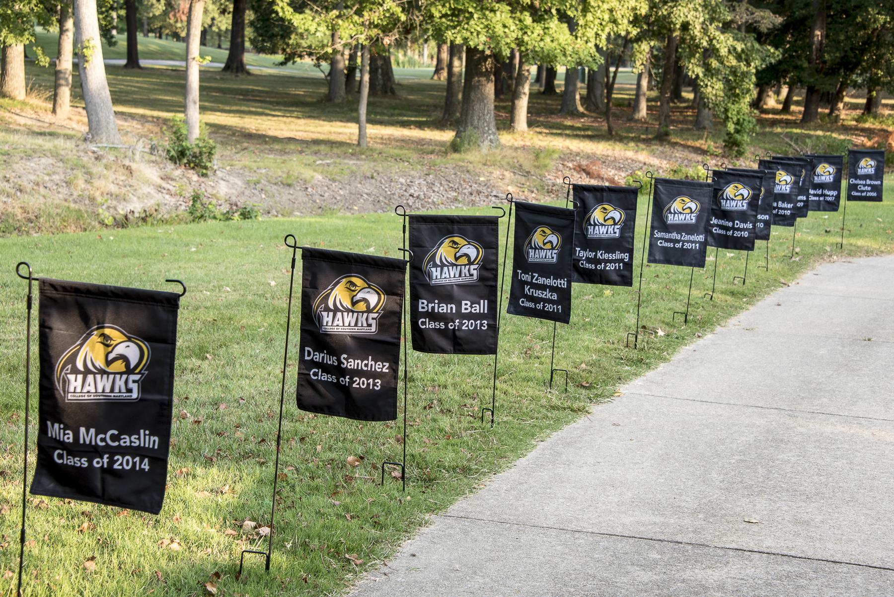 Row of flags displaying names and graduation years of students belonging to the Hawks team.