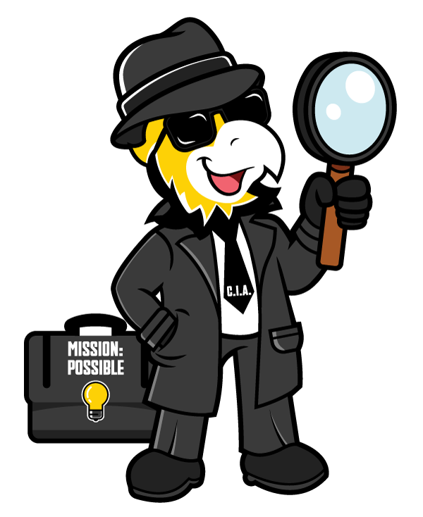 A cartoon character of an eagle dressed as a spy, wearing sunglasses and a fedora, holding a magnifying glass, with a briefcase labeled "MISSION: POSSIBLE."