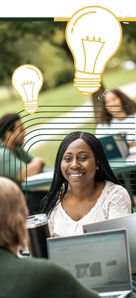 A smiling woman with braids engages in a collaborative learning environment outdoors, with light bulb illustrations symbolizing ideas and innovation above her.