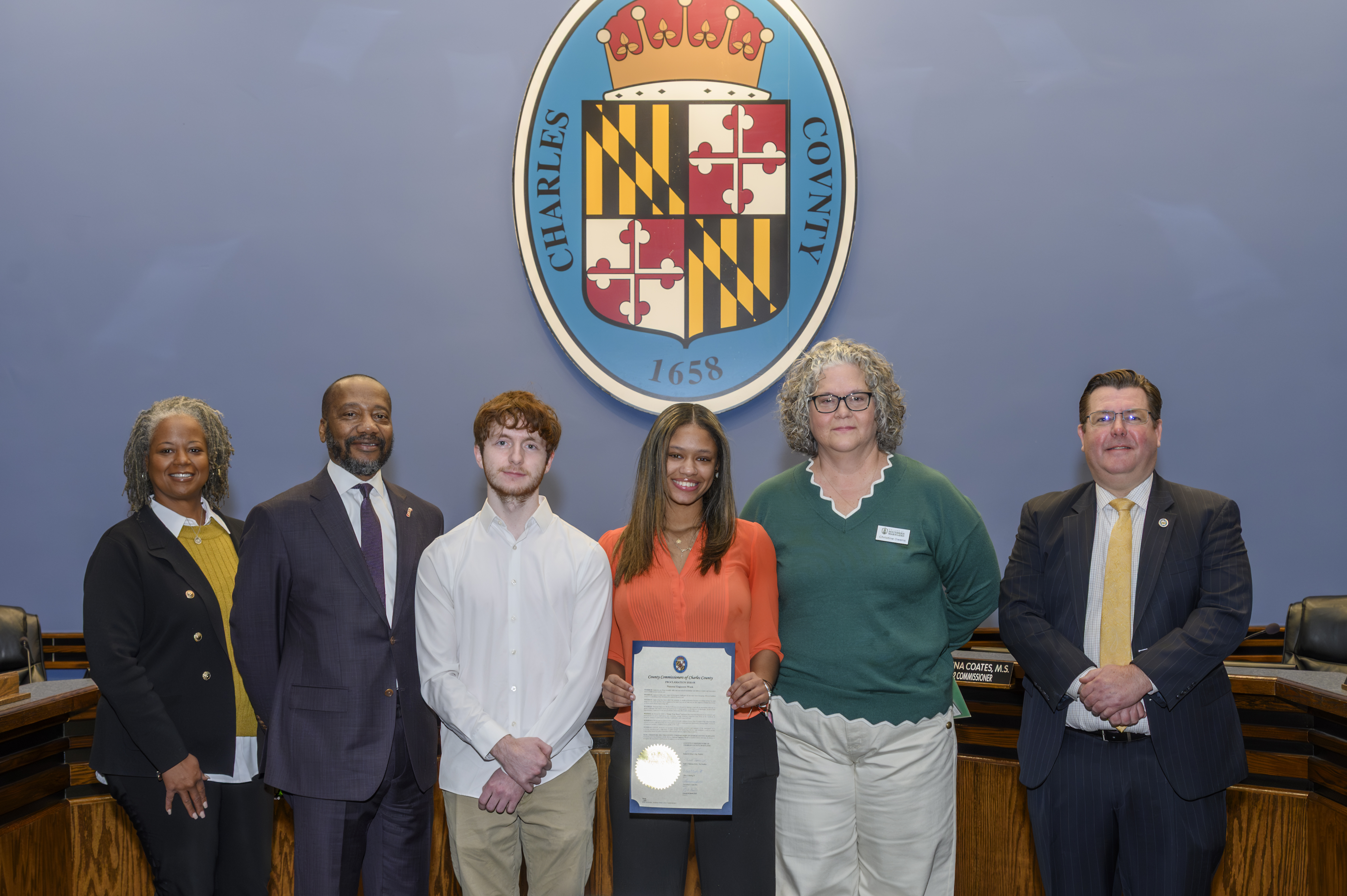 CSM students and staff stand with Charles County Commissioners to receive Engineers Week proclamation