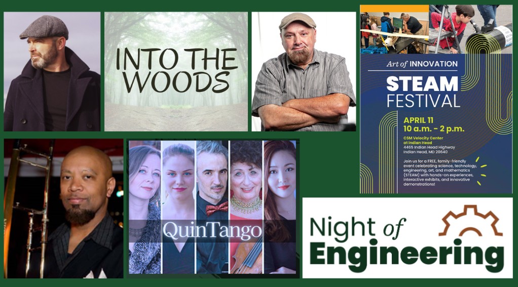 Collage of event flyers and headshots of April performers