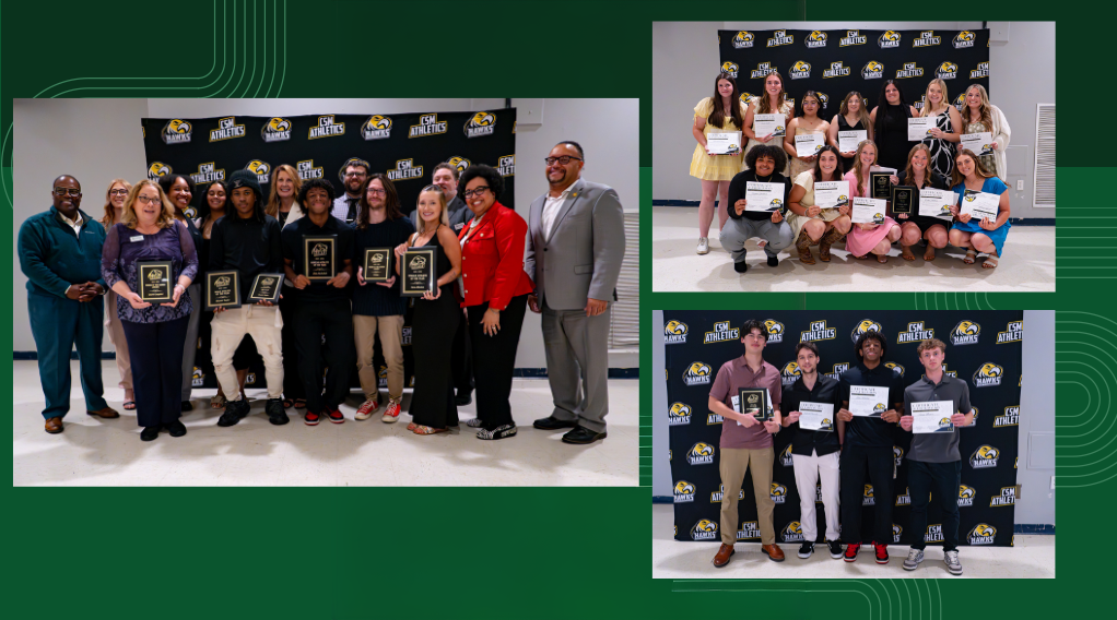 Awarded athletes and supporters posting with plaques and certificates
