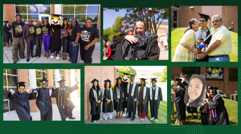 Graduates pose with family and friends holding diplomas