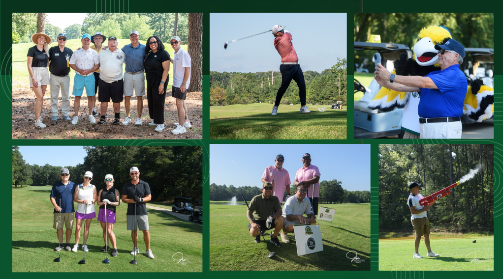 Collage of photos of golfers posing, swing their club, standing with talon, and shooting golf canon