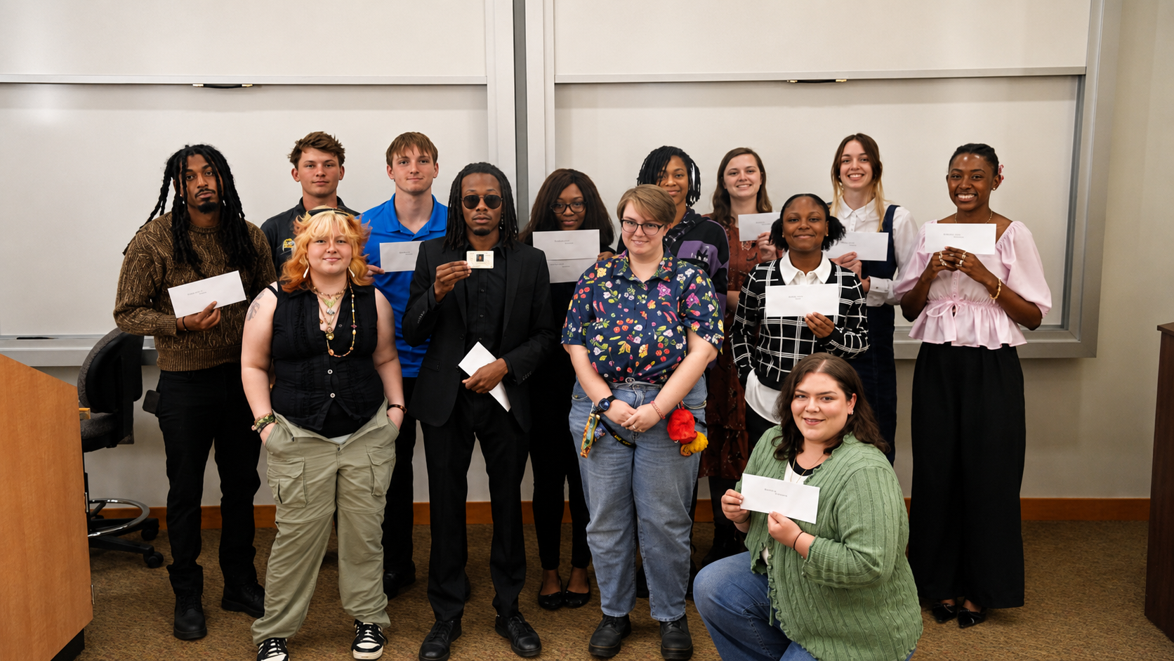 Award winning students stand holding check prizes