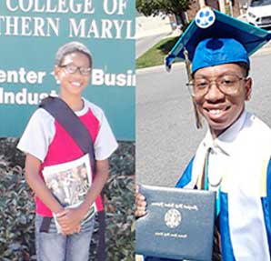 young african american male as a child and as a high school graduate in cap and gown