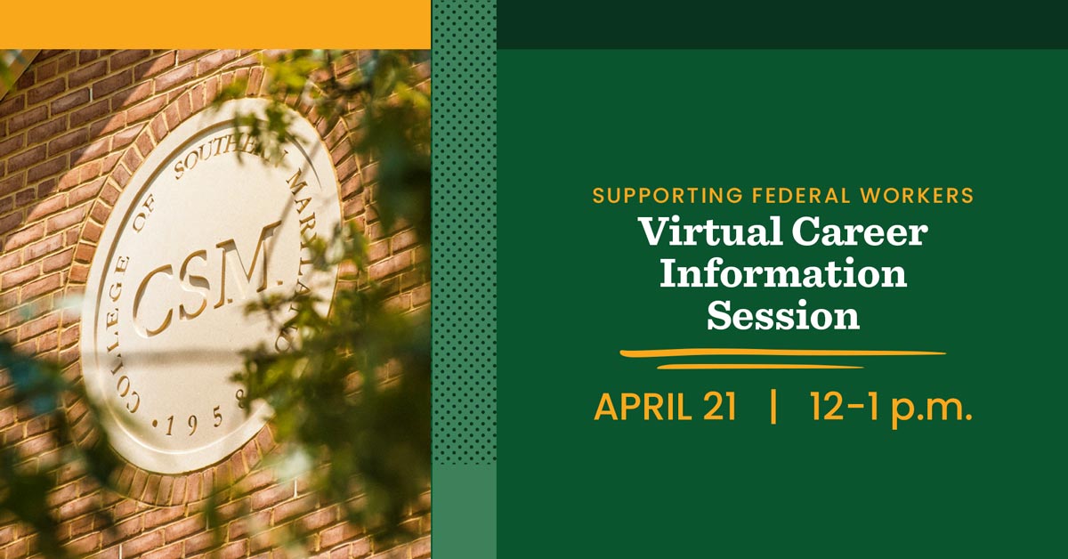 Graphic for a virtual career information session featuring the College of Southern Maryland logo, with details on date and time.