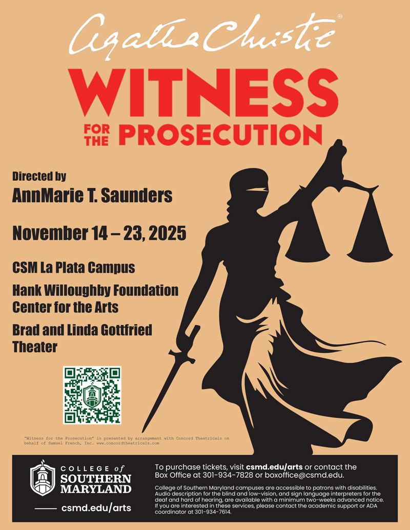 Promotional poster for Agatha Christie's play "Witness for the Prosecution," featuring a silhouette of a person holding scales of justice. The poster includes performance dates and venue information.