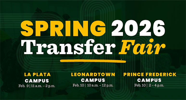 Spring 2026 Transfer Fair promotional graphic featuring event details for La Plata, Leonardtown, and Prince Frederick campuses.