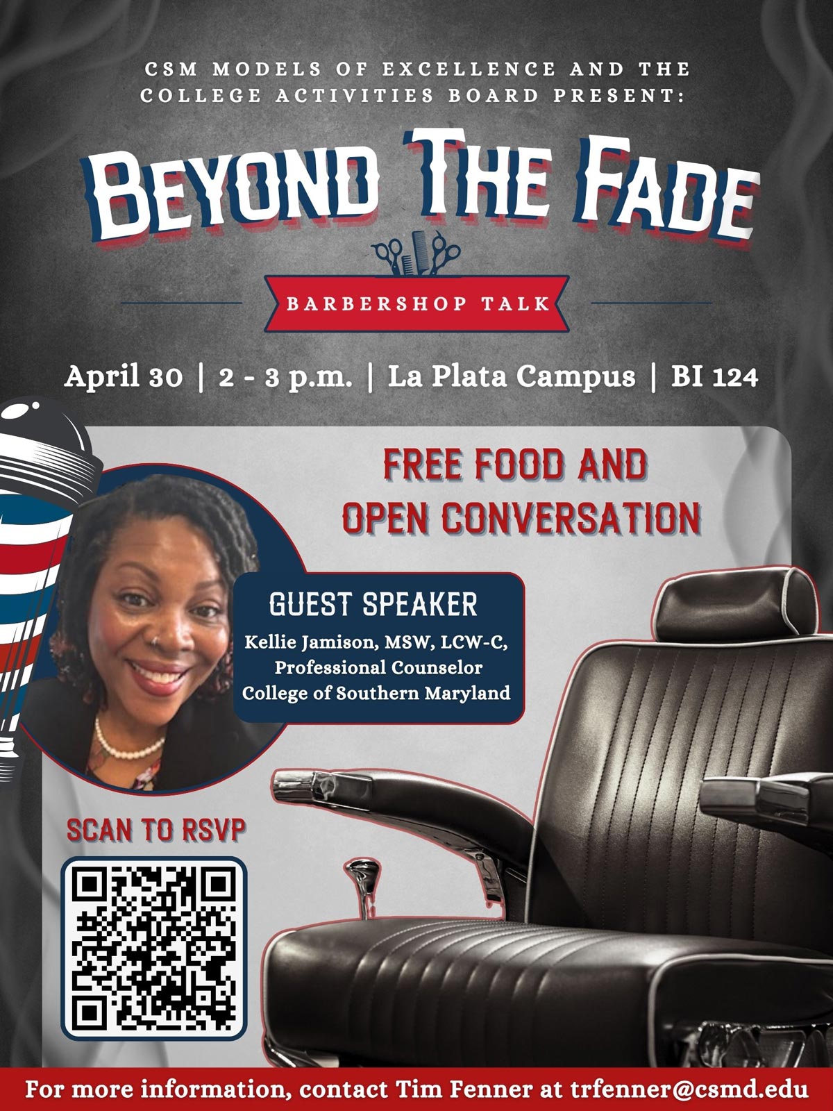 Flyer for “Beyond the Fade” barbershop talk on April 30, 2–3 p.m., at La Plata Campus BI 124, featuring guest speaker Kellie Jamison and a QR code to RSVP.