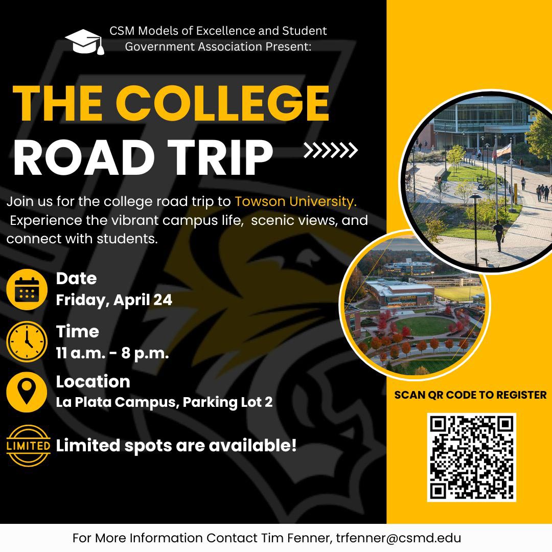 Flyer for “The College Road Trip” to Towson University with date, time, location details and a QR code to register.