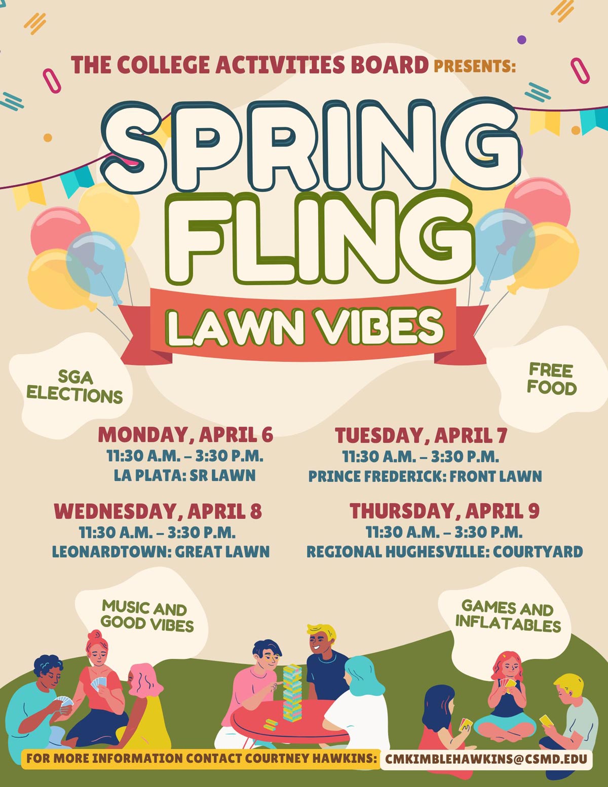 Flyer for the College Activities Board “Spring Fling: Lawn Vibes,” listing April 6–9 events (11:30 a.m.–3:30 p.m.) at multiple campus lawns with free food, music, games, and inflatables.