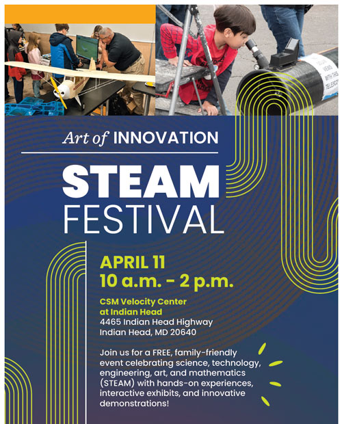 Promotional poster for the STEAM Festival featuring children engaged in science and technology activities, along with event details and the date.