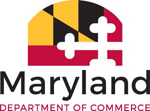 Logo for the Maryland Department of Commerce featuring the Maryland flag above the word “Maryland.”