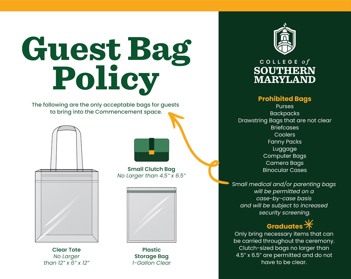 College of Southern Maryland commencement guest bag policy graphic showing allowed clear tote, clear 1-gallon plastic storage bag, and small clutch (4.5 x 6.5), plus a list of prohibited bags.
