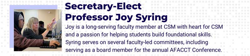 Banner featuring a classroom photo and the headline “Secretary-Elect Professor Joy Syring,” with a short blurb about her faculty service and student support.