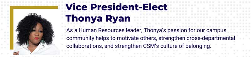 Banner announcing Vice President-Elect Thonya Ryan, with her portrait on the left and a short description of her human resources leadership and community focus.