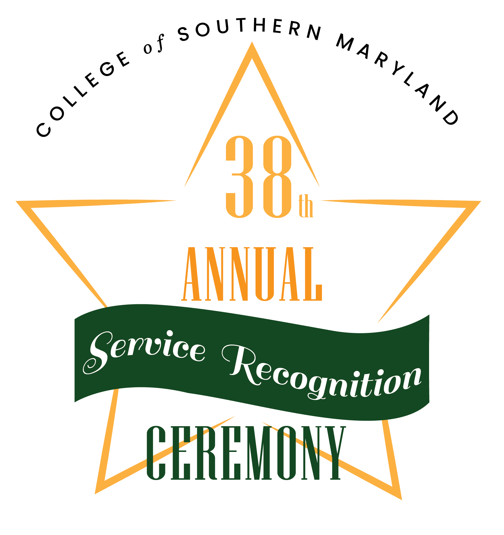 Logo for the 38th Annual Service Recognition Ceremony at the College of Southern Maryland, featuring a star design and bold text.