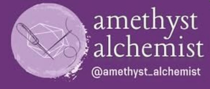 Purple logo with a circular gem-and-pen icon and the text “amethyst alchemist” with the handle @amethyst_alchemist.