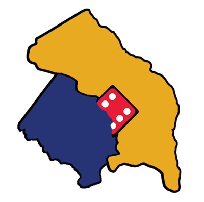 Illustration of a stylized map split into a yellow upper region and a dark blue lower region, with a red die showing four pips near the center.