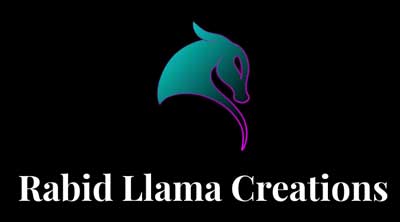 Logo featuring a stylized teal-and-purple llama head above the text “Rabid Llama Creations” on a black background.