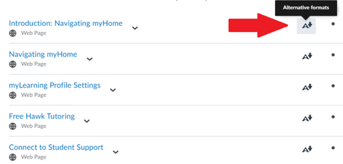 mylearning alternative format-screenshot of page showing where to click on the right next to directions on items such as Navigating myHome