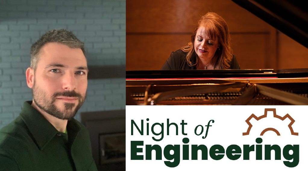 A collage featuring a man with a beard, a woman playing piano, and the Night of Engineering logo with a gear motif.