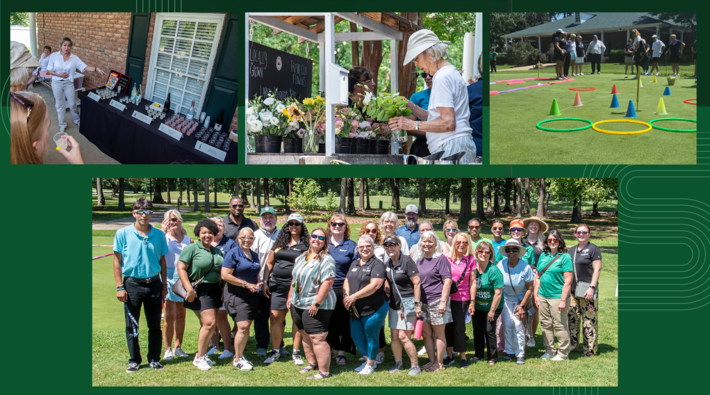 Sommelier points at different wines; woman stands looking at vase of flowers; hoops and cones positioned on a putting green; event participants pose and smile on the green.