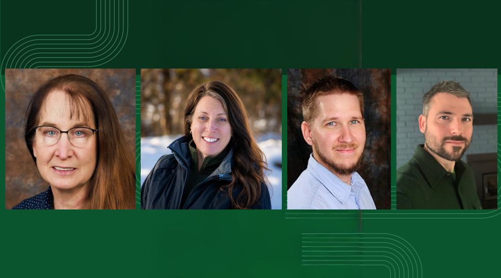 Headshots of the four faculty on a green background