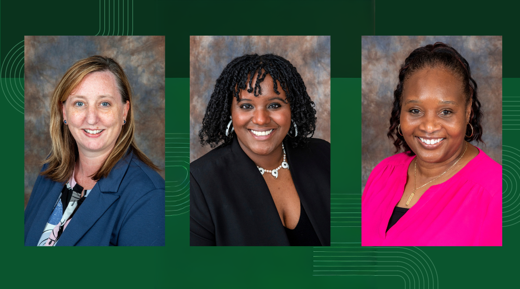 Headshots of new members on green background