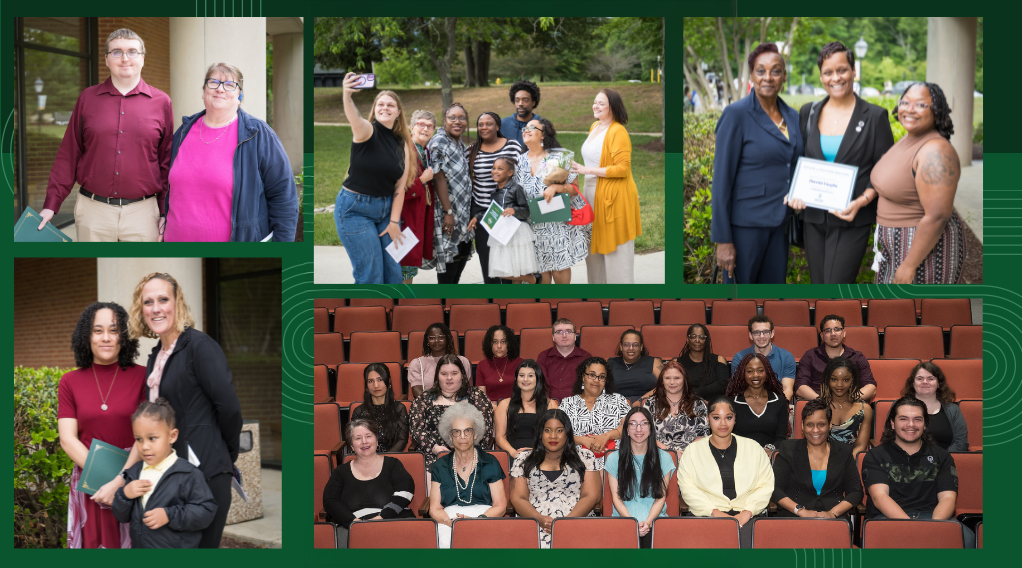 Health careers graduates pose with family and friends following graduation ceremony