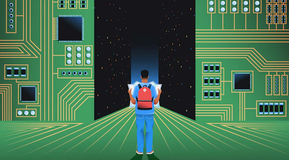 Man with a backpack and a map walks into a maze of circuit boards
