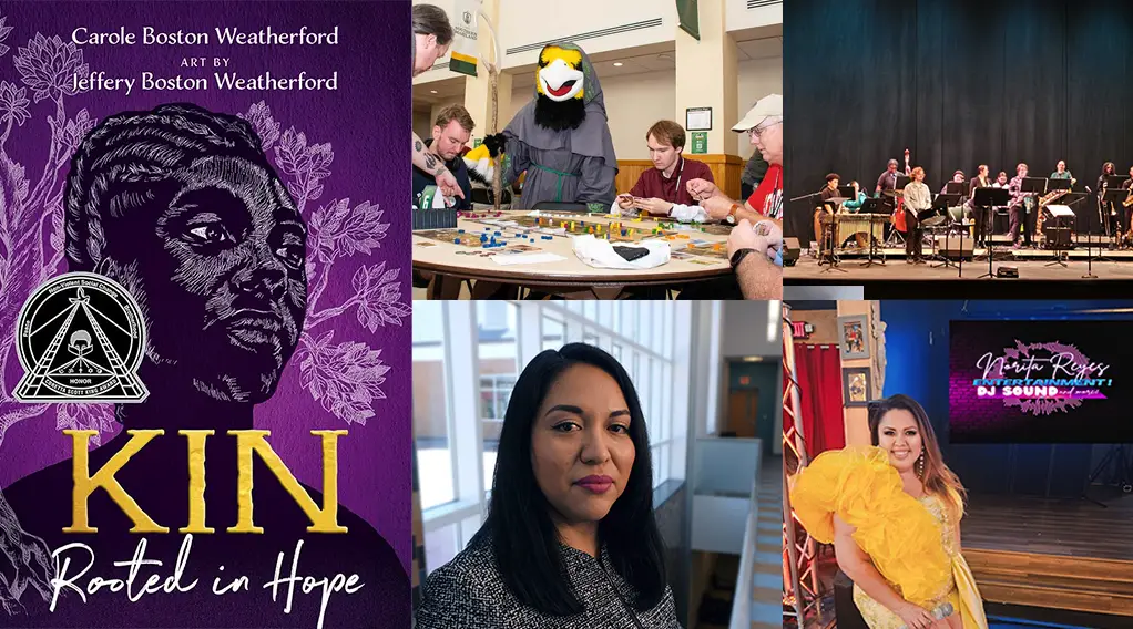 Collage featuring the cover of KIN: Rooted in Hope by Carole Boston Weatherford, a cultural event with participants engaging in activities, a live musical performance, and portraits of women showcasing community and creativity.
