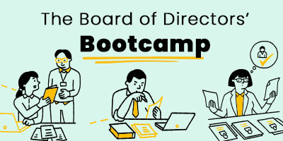 The Board of Directors' Bootcamp with graphics of people looking through files, comparing notes, and getting directions from others