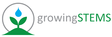 Logo for growingSTEMS featuring a leaf and a water droplet within a circular design.