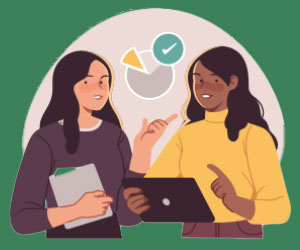 2 women planning a strategy while using data, one with a folder and the other with a laptop - illustration