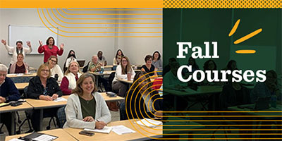 Fall Courses text next to an NPI classroom with a CSM colors and patterns overlay