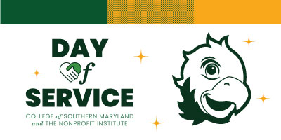 CSM's Day of Service with the NPI hands logo as the O in of, and the CSM mascot hawk head