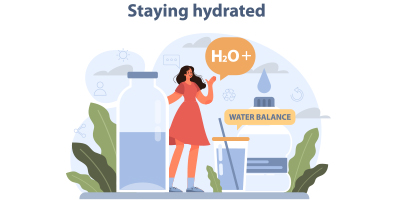 Staying Hydrated graphic with a girl next to a giant water bottle and surrounded by plant life and water drop images