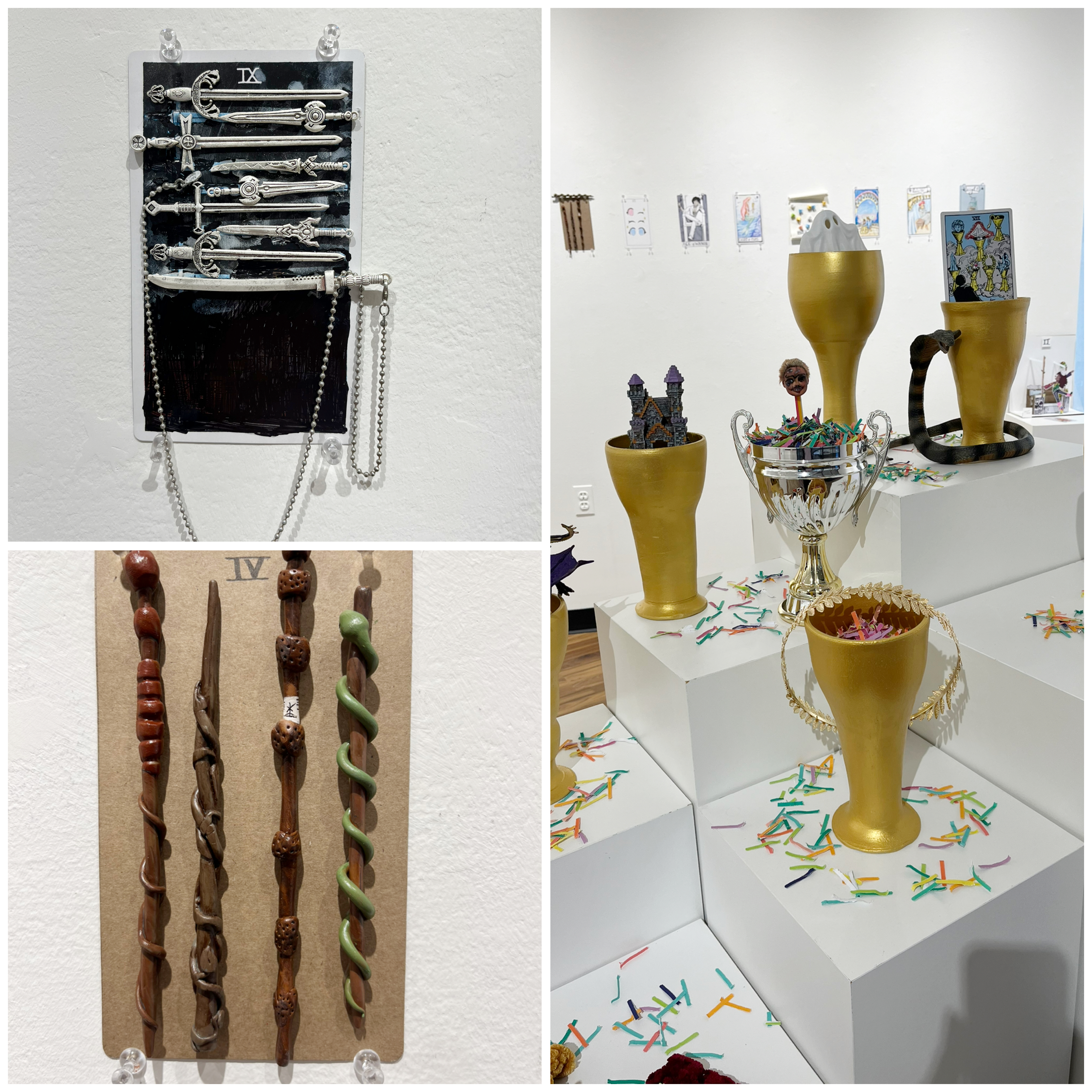 A collage of three of the works in the exhibit