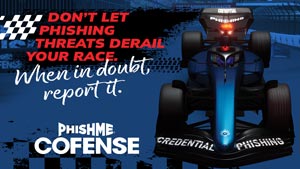 A racing-themed graphic warning against phishing threats, featuring a race car and a call to report suspicions when in doubt.