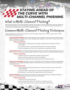 Infographic outlining the definition and common techniques of multi-channel phishing, with a racing theme design.